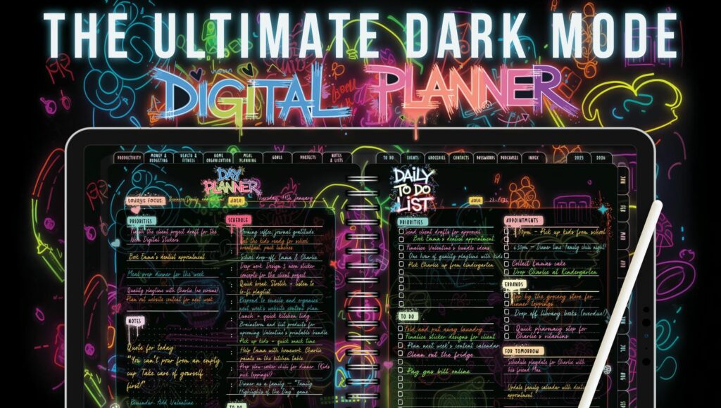 Neon Notes Planner with completed daily planner and to-do list pages in vibrant neon handwriting on a dark mode background