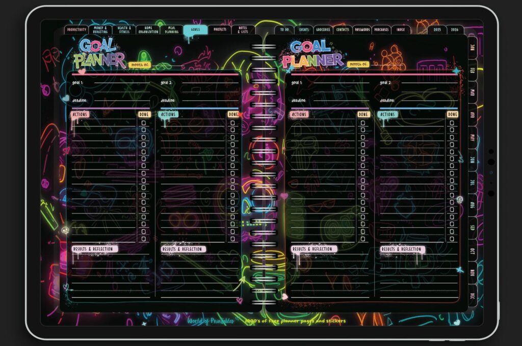 Goal planner spread in the Neon Notes Planner featuring neon design for setting goals, tracking actions, and reflecting on results