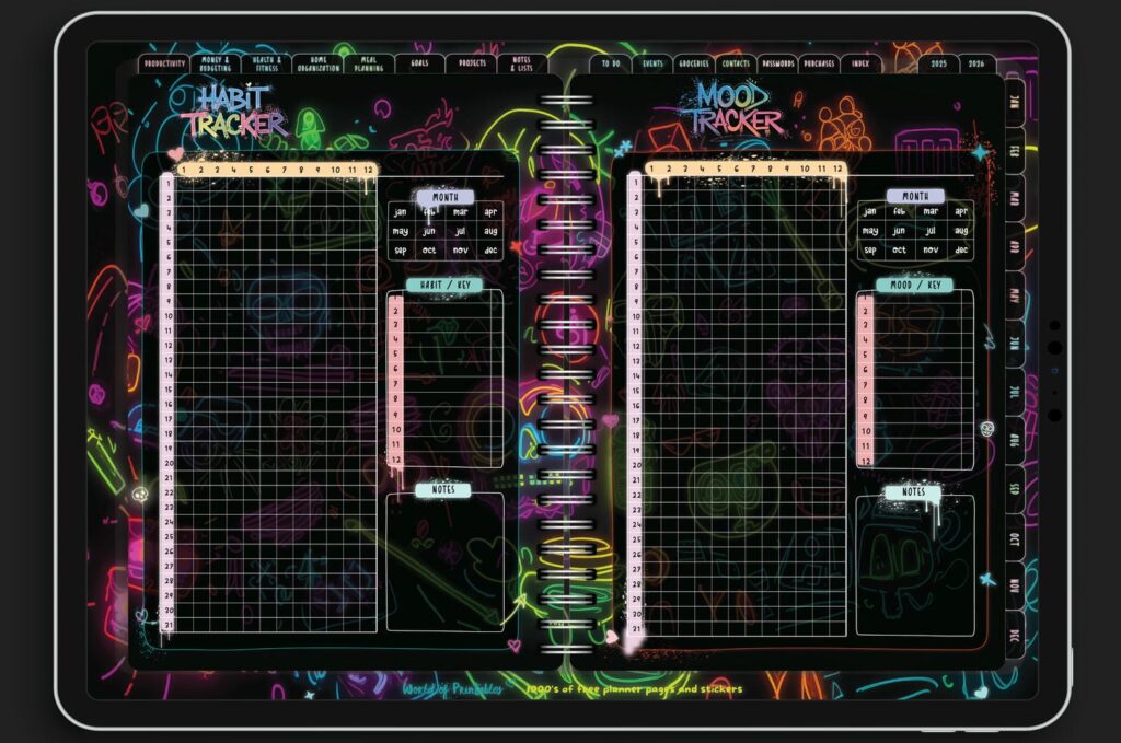 Habit tracker and mood tracker spread in the Neon Notes Planner with neon grid designs for tracking habits, moods, and daily progress