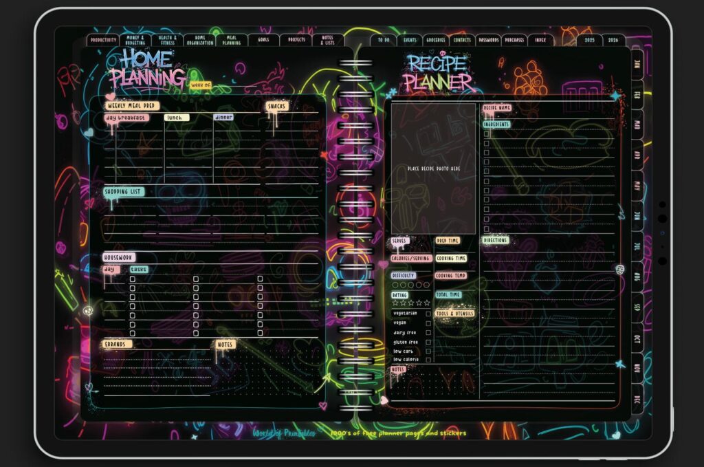 Home planning and recipe planner spread in the Neon Notes Planner, featuring sections for meals, housework, and recipes with a glowing neon aesthetic