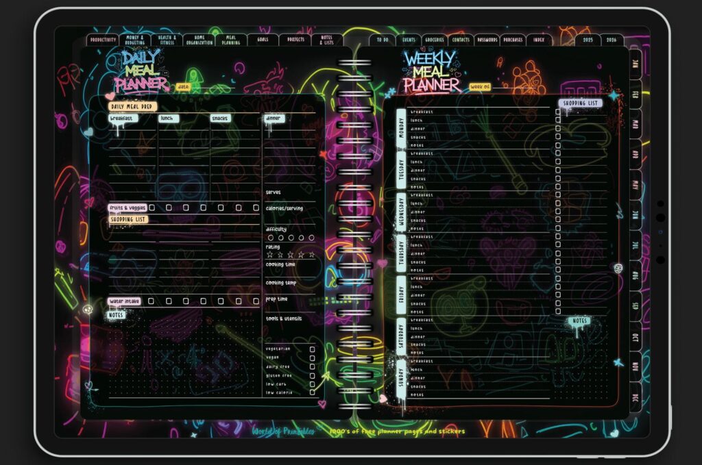Daily and weekly meal planner spread in the Neon Notes Planner with vibrant neon details for meal prep, shopping lists, and water intake tracking