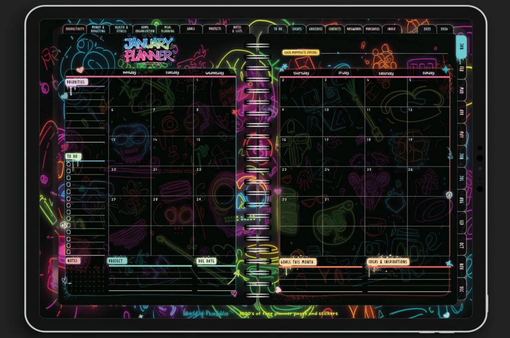 Monthly planner spread in the Neon Notes Planner, featuring a bold dark background with vibrant neon accents for goals, priorities, and to-do lists