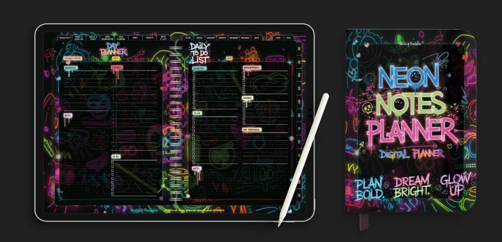 Neon Notes Planner digital cover and tablet mockup featuring the daily planner spread and glowing neon title on a dark background