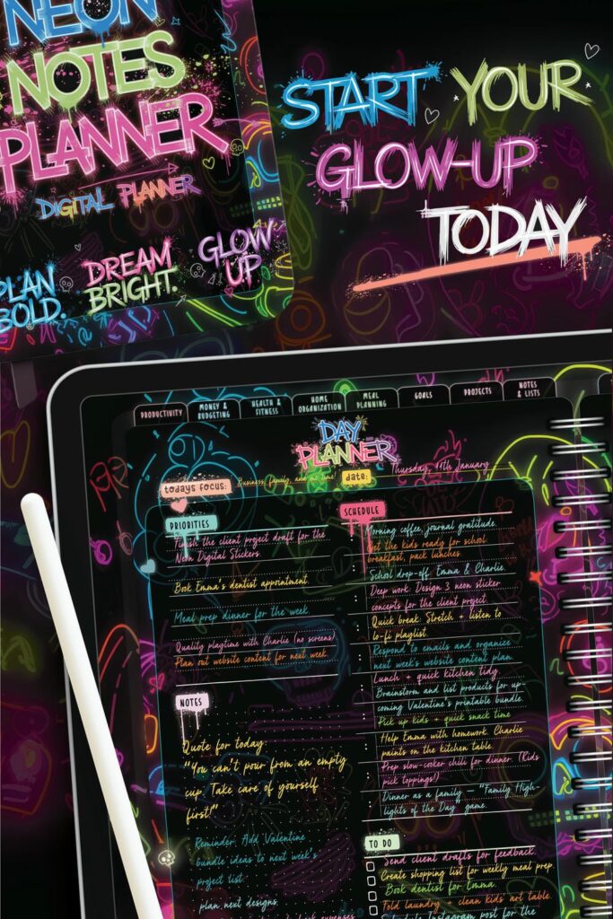 Neon Notes Planner digital spread with a bold 'Start Your Glow-Up Today' tagline