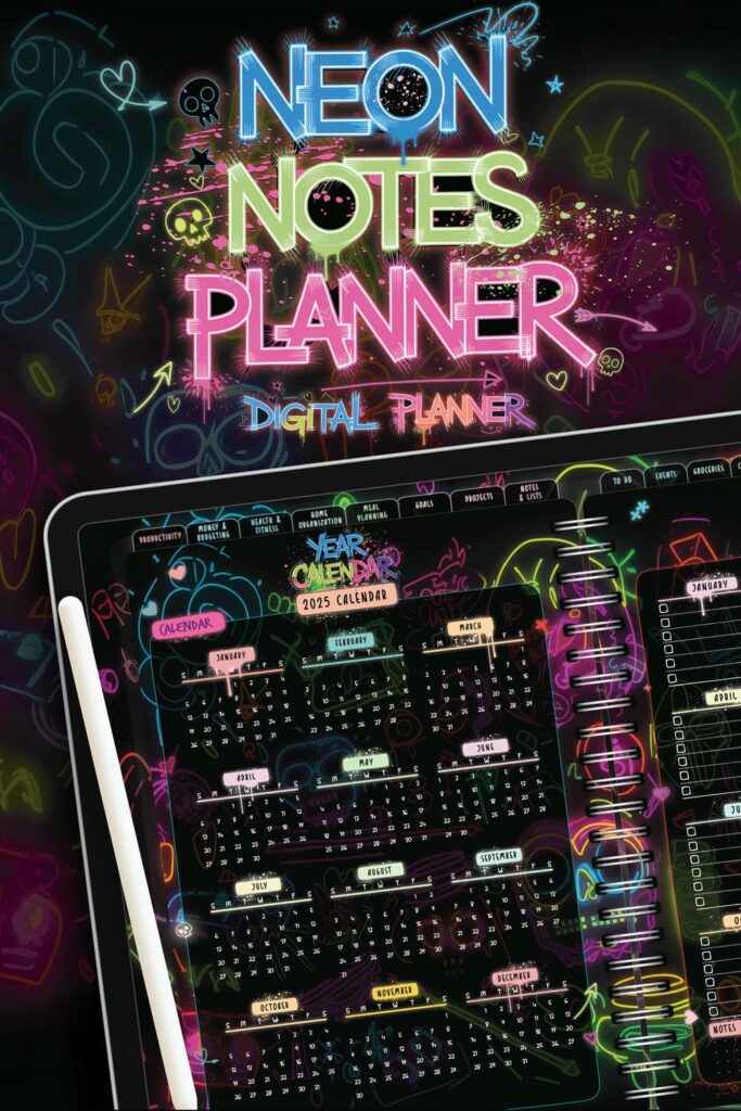 Neon Notes Planner Yearly Calendar with dark mode and glowing neon details