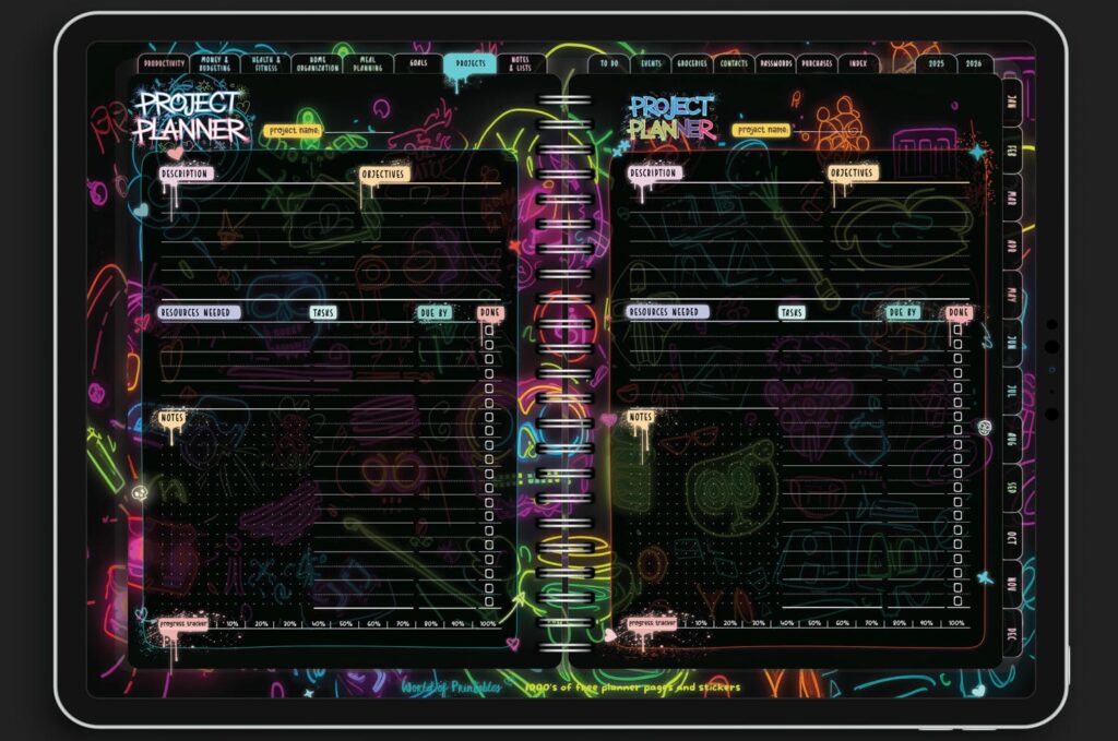 Project planner spread in the Neon Notes Planner with sections for descriptions, objectives, resources, tasks, and progress tracking