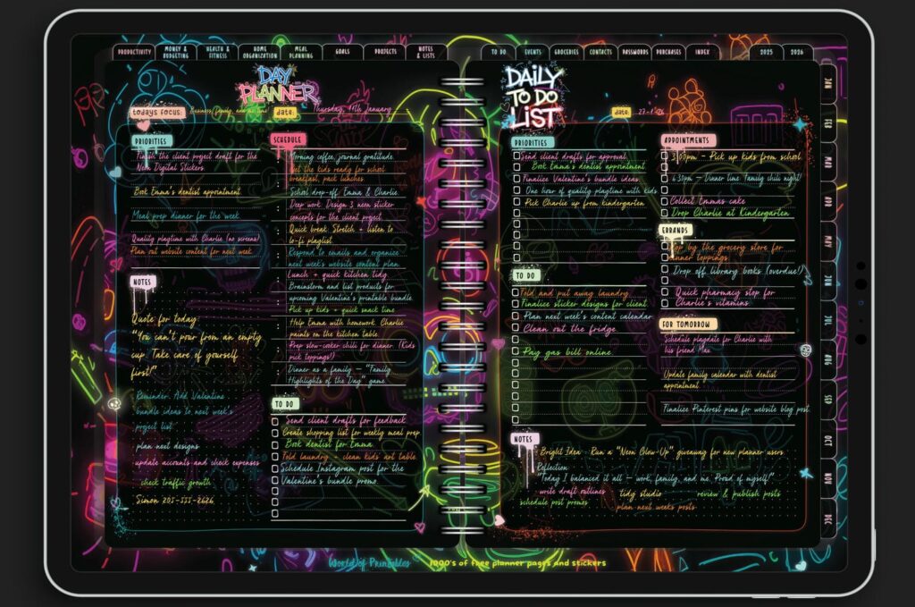 An example filled-in page from the Neon Notes Planner—daily schedules, priorities, and notes glowing with electric neon colors. It’s where productivity meets creativity