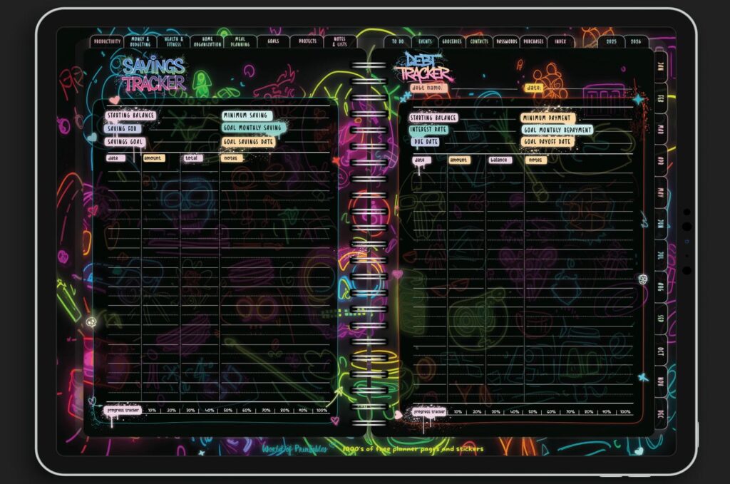 Savings and debt tracker spread in the Neon Notes Planner, designed for managing finances with glowing neon grids and progress trackers