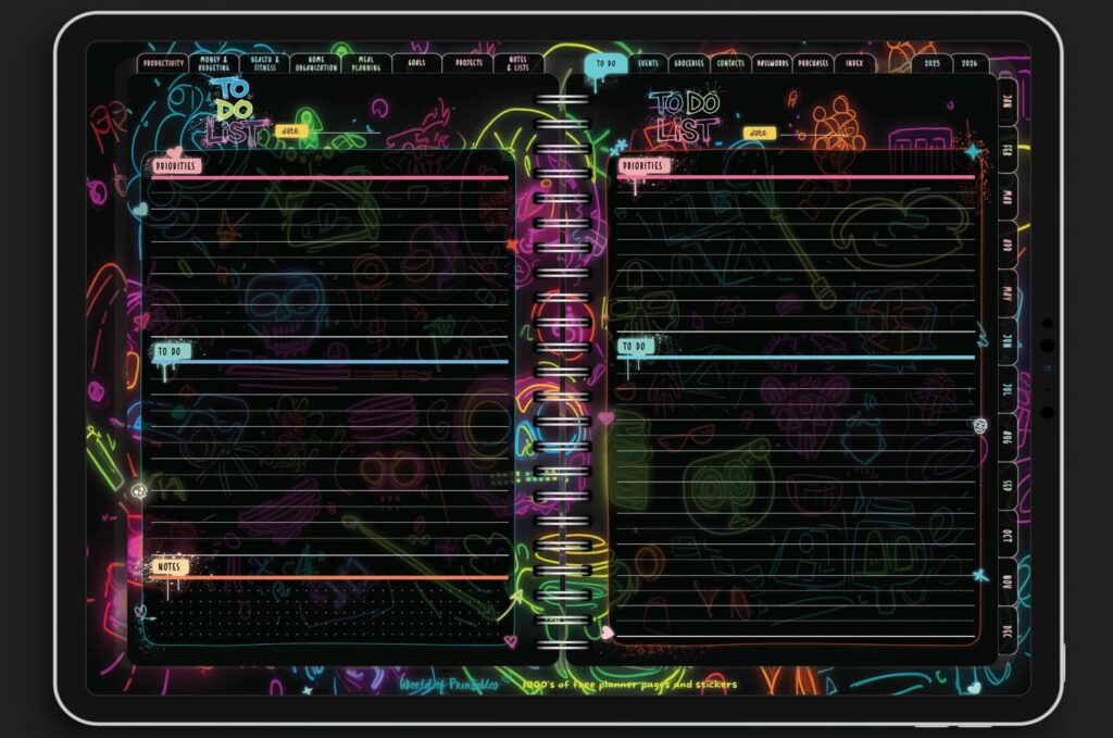 Neon Notes Digital Planner - Two-page to-do list spread with priorities, task sections, and a glowing dark-mode design
