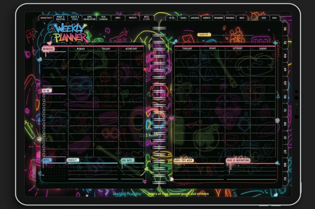 Weekly planner spread from the Neon Notes Planner featuring bold neon graffiti accents on a dark background with organized sections for goals, priorities, and to-dos