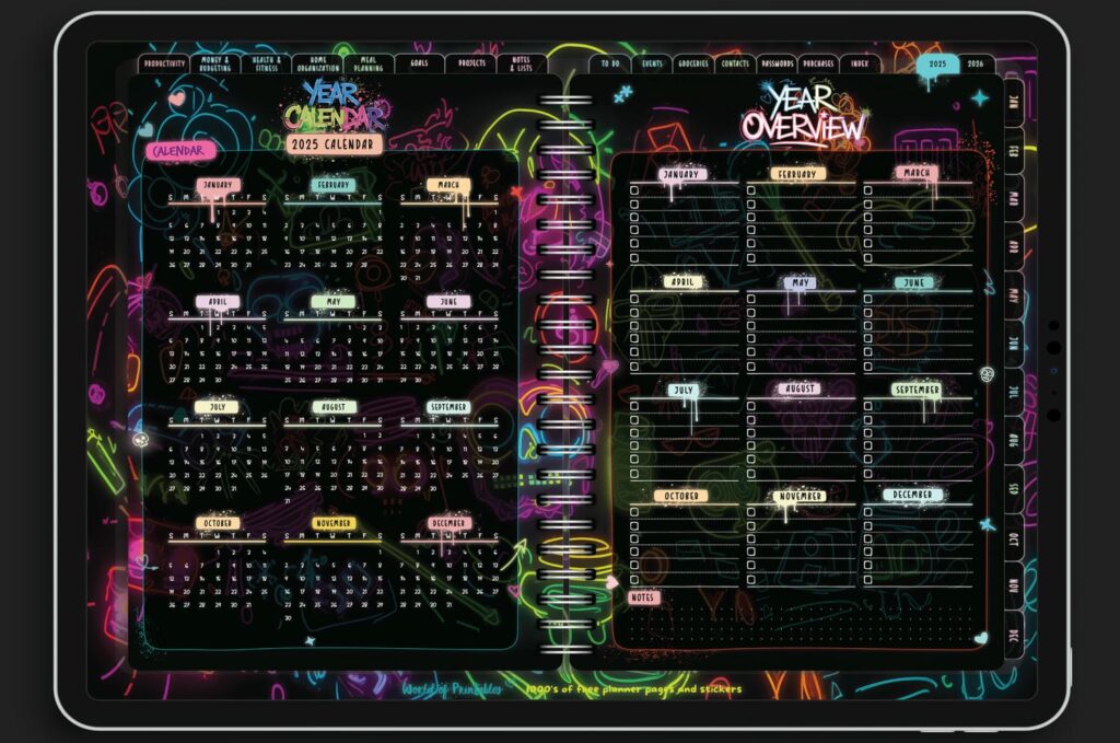 Year calendar and year overview spread in the Neon Notes Planner with neon graffiti elements, bold layouts, and dark mode design
