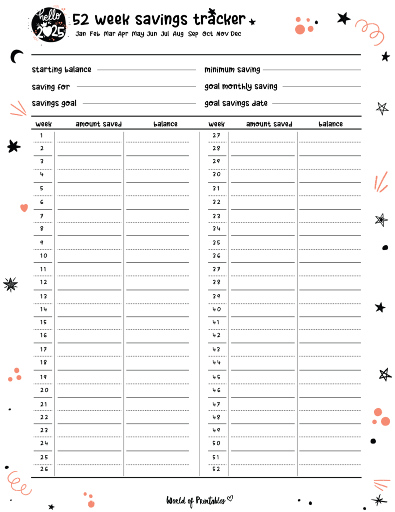 2025 Cute Planner - 52 Week Savings Tracker