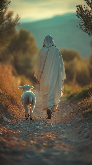 A cute lamb walking with Jesus Wallpaper