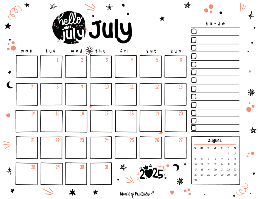 Cute July 2025 Calendar Landscape