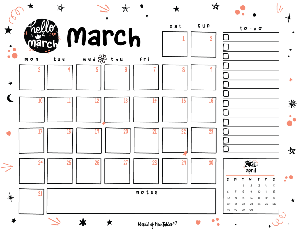 Cute March 2025 Calendar Landscape