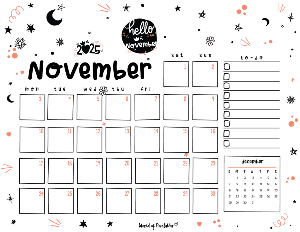 Cute November 2025 Calendar Landscape