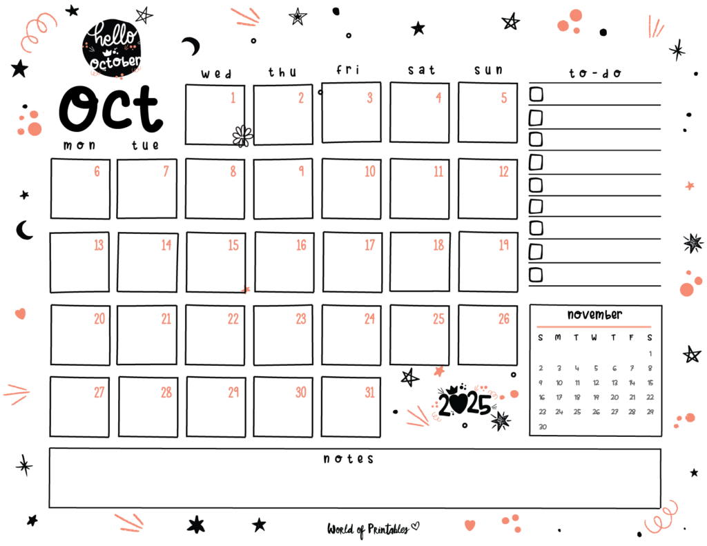 Cute October 2025 Calendar Landscape
