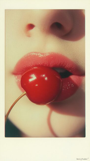 Girl and Cherry Polaroid Wallpaper