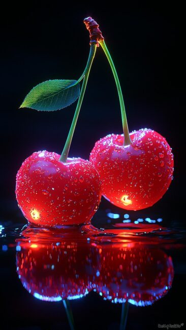 Realistic Dark Red Cherries on a Black Background