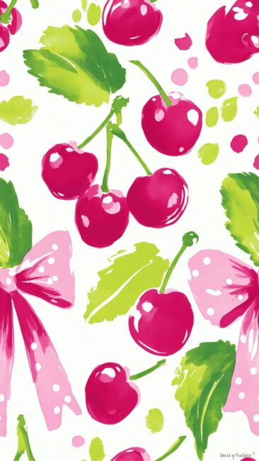 Red Cherry Pattern Wallpaper with Pink Bows