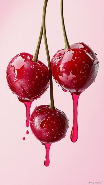 Three Red Cherries Dripping Wallpaper