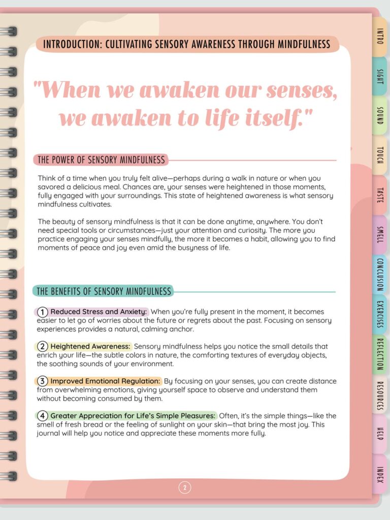 Page from the Mindful Mastery Sensory Journal showcasing the benefits of sensory mindfulness, such as reducing stress and enhancing emotional awareness