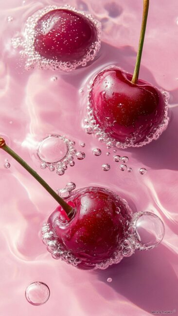 cherry-aesthetic-dark-red-cherries-pink-water-bubbles-wallpaper