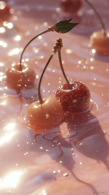 cherry-aesthetic-glitter-red-cherries-pink-water-sunlight-wallpaper