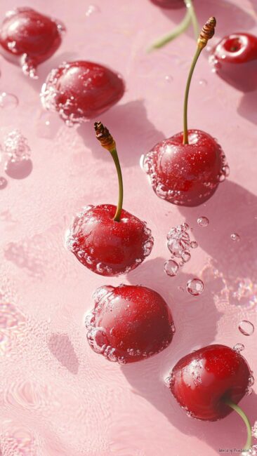 cherry-aesthetic-red-cherries-pink-water-bubbles-wallpaper