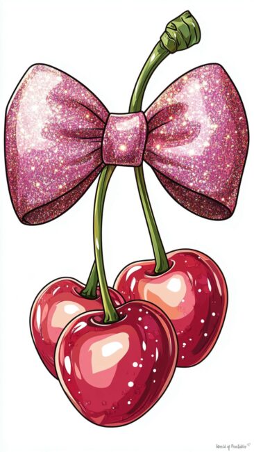 cherry-wallpaper-pink-glitter-bow-dark-red-cherries-aesthetic