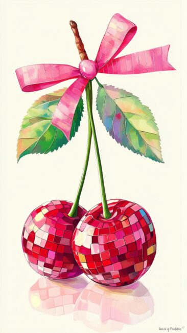 disco-cherry-art-pink-bow-leaves-aesthetic