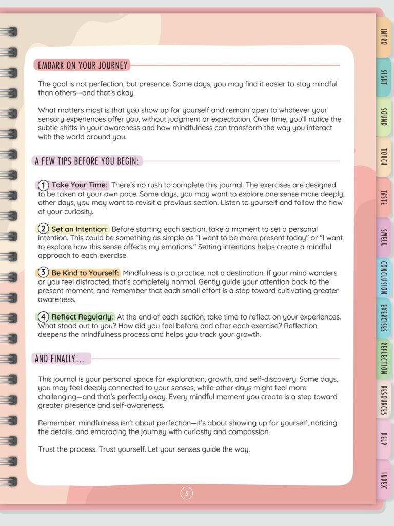 Mindful Mastery Sensory Journal introductory page offering tips for starting a mindfulness journey, including setting intentions and practicing self-kindness