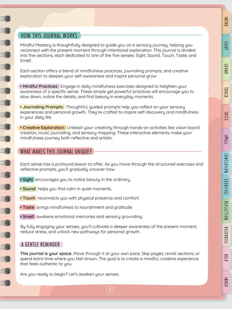 Instructional page from the Mindful Mastery Sensory Journal detailing how the journal works and what makes it unique