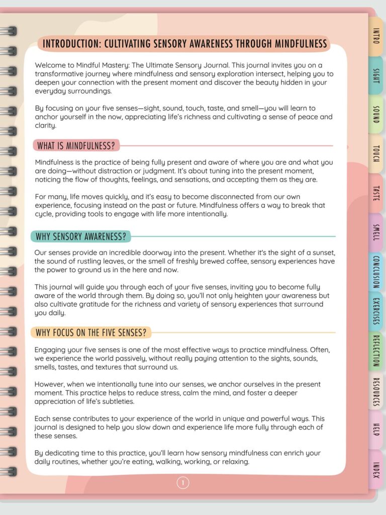 Introduction page of the Mindful Mastery Sensory Journal explaining sensory awareness, mindfulness, and the benefits of focusing on the five senses
