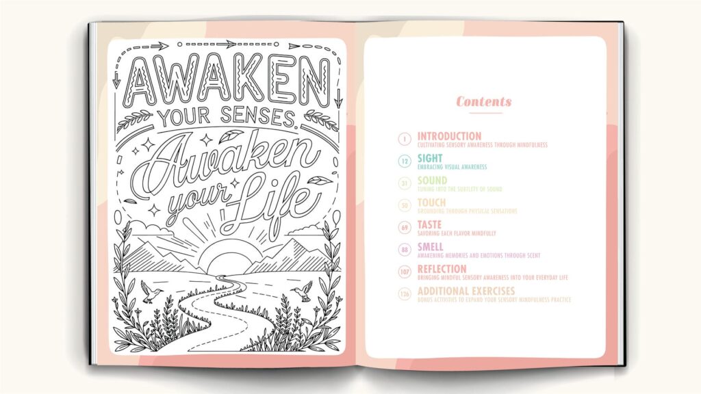 Mindful Mastery Sensory Journal contents page with an artistic &lsquo;Awaken Your Senses&rsquo; illustration and section overview for sight, sound, touch, taste, smell, and reflection