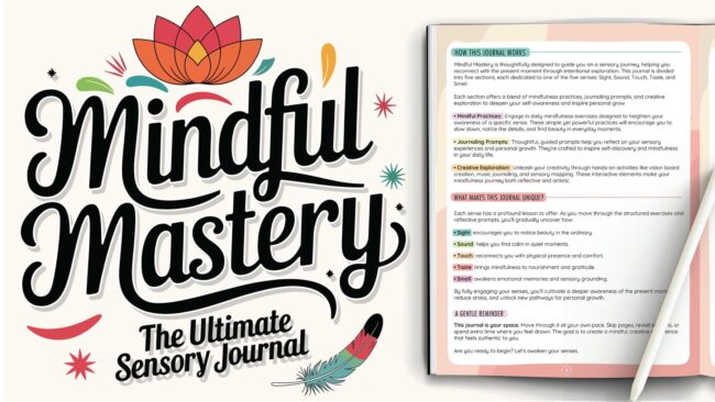 Mindful Mastery sensory journal cover and content page with colorful design, highlighting mindfulness practices, journaling prompts, and creative exercises