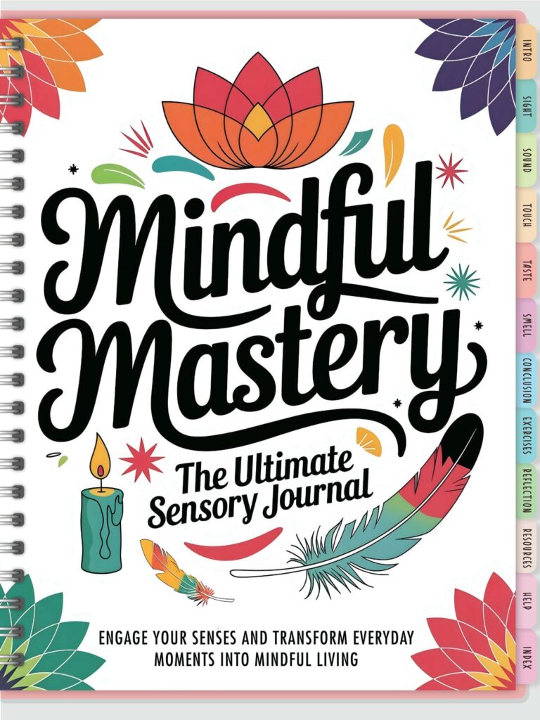 The cover of the Mindful Mastery Sensory Journal showcasing a colorful lotus design, feathers, and section tabs for the digital format