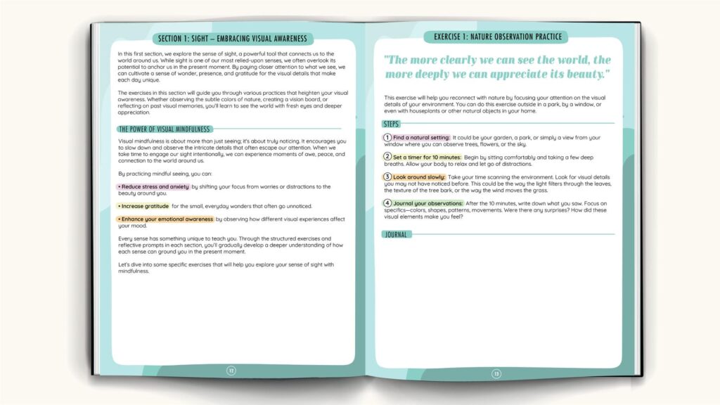 Mindful Mastery Sensory Journal pages focusing on the sense of sight, including a nature observation practice and journaling prompts for visual mindfulness