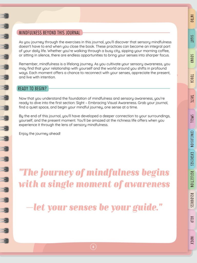 Closing page of the Mindful Mastery Sensory Journal encouraging mindfulness beyond the journal, with reflections on integrating sensory awareness into daily life