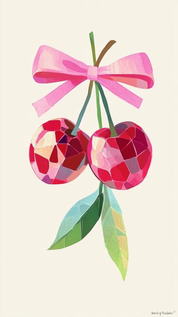 mosaic-cherry-art-pink-bow-leaves-aesthetic