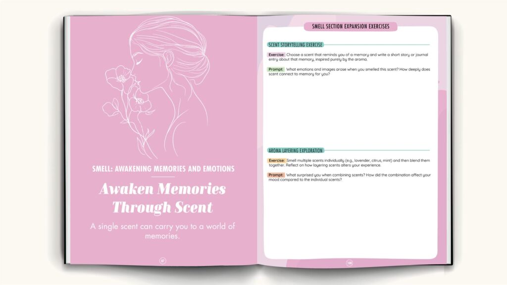 Example page from the Mindful Mastery Sensory Journal showing the &lsquo;Awaken Memories Through Scent&rsquo; section with prompts for sensory storytelling and aroma layering exercises