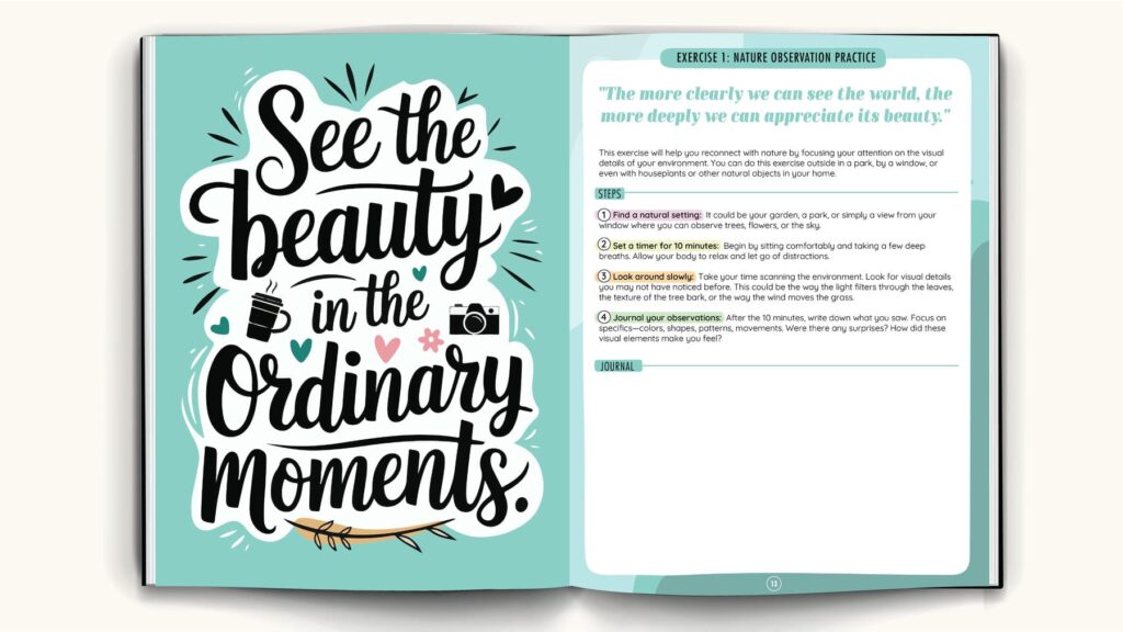 Example page from the Mindful Mastery Sensory Journal showcasing a mindfulness exercise titled &lsquo;See the Beauty in the Ordinary Moments&rsquo; with journaling prompts and steps for reflection