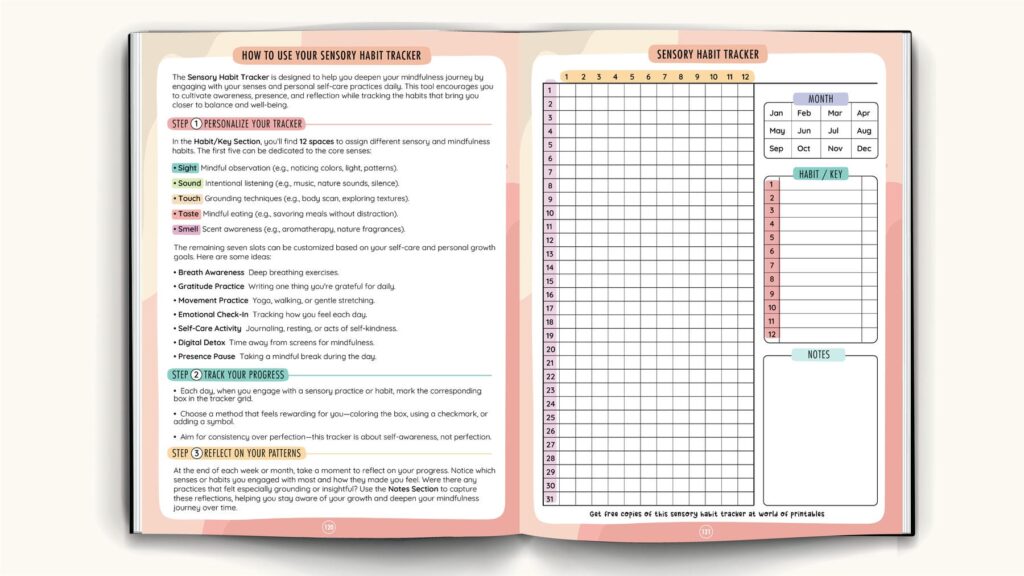 Mindful Mastery Sensory Journal featuring a detailed habit tracker for sight, sound, touch, taste, smell, and customizable habits to support mindfulness and self-care
