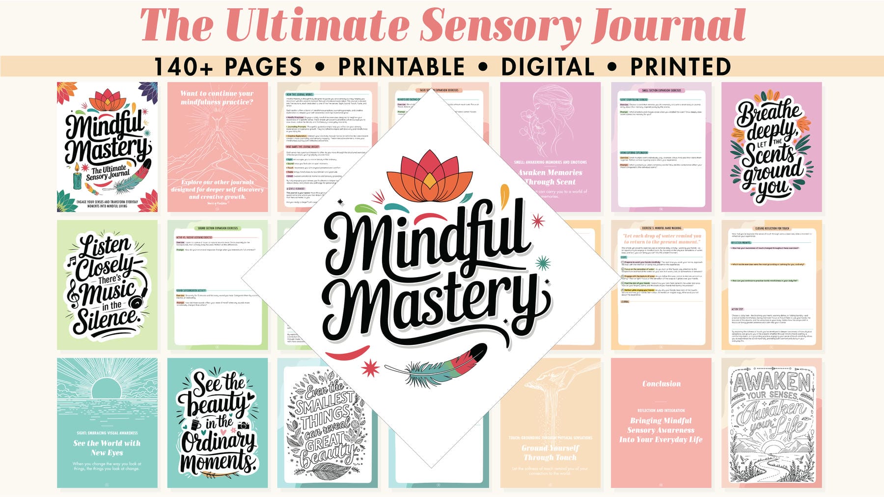 An overview of the Sensory Journal pages showcasing mindfulness exercises, affirmations, reflection prompts, and creative designs