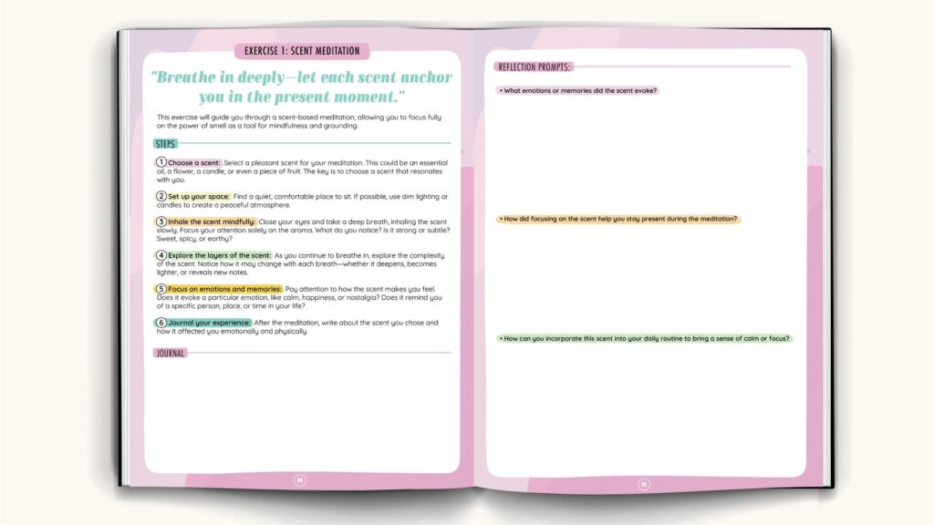 Mindful Mastery Sensory Journal pages featuring a scent meditation exercise with journaling prompts and reflection questions to explore emotions and memories associated with scent