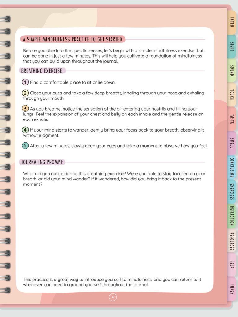 Page from the Mindful Mastery Sensory Journal showing a simple mindfulness breathing exercise and a reflective journaling prompt