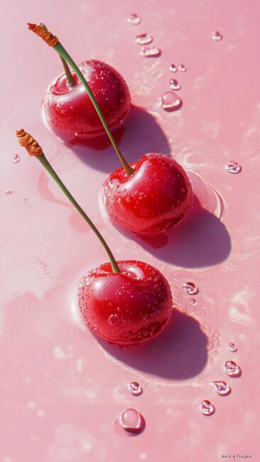 three-cherries-pink-water-bubbles-aesthetic-wallpaper