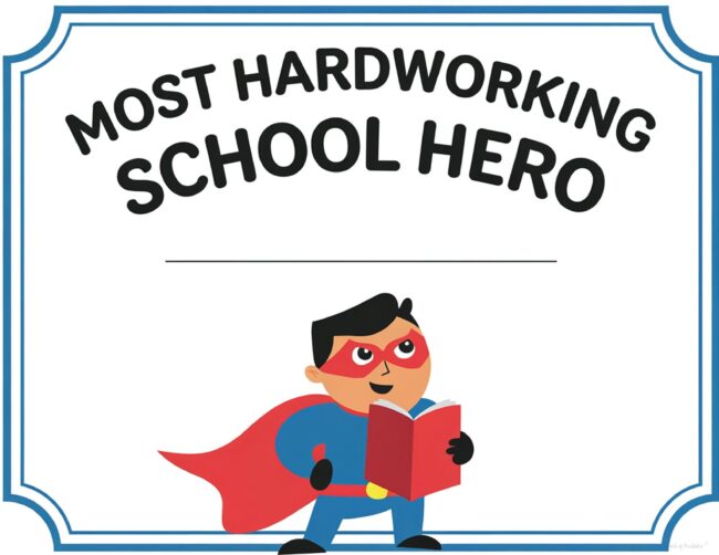 Hardworking School Hero Teacher Award Certificate