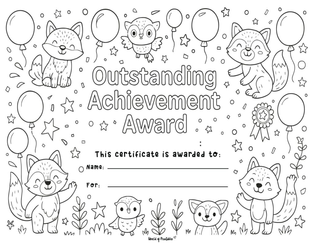Animals and Balloons Printable Color-Your-Own Achievement Certificate