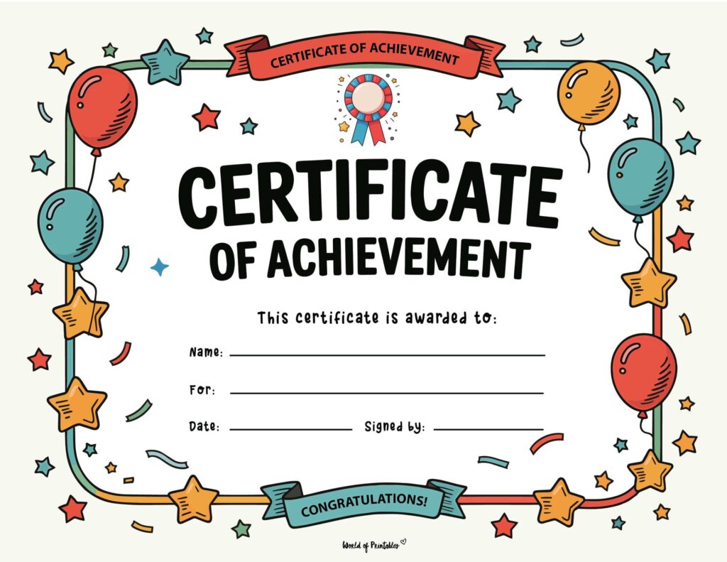 Balloon and Stars Student Achievement Certificate